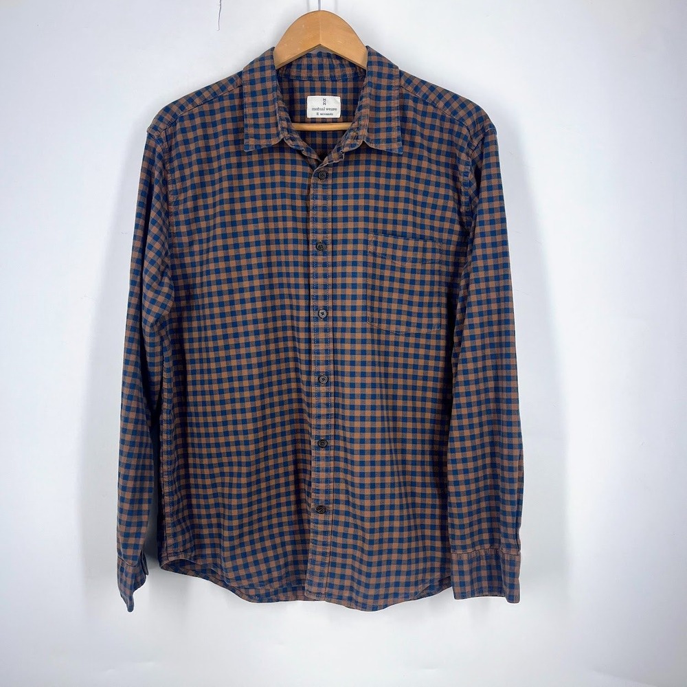 Mutual Weave Mens XL Brown Navy Gingham Check Stretch Cotton Button Down Shirt